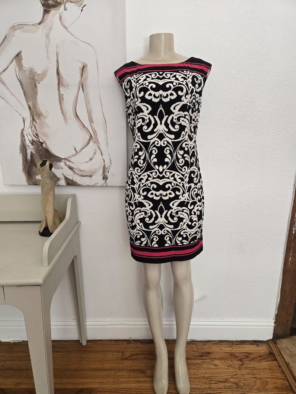 NWT Jessica Howard Black & White Scroll Print Sheath Dress with Pink Accents